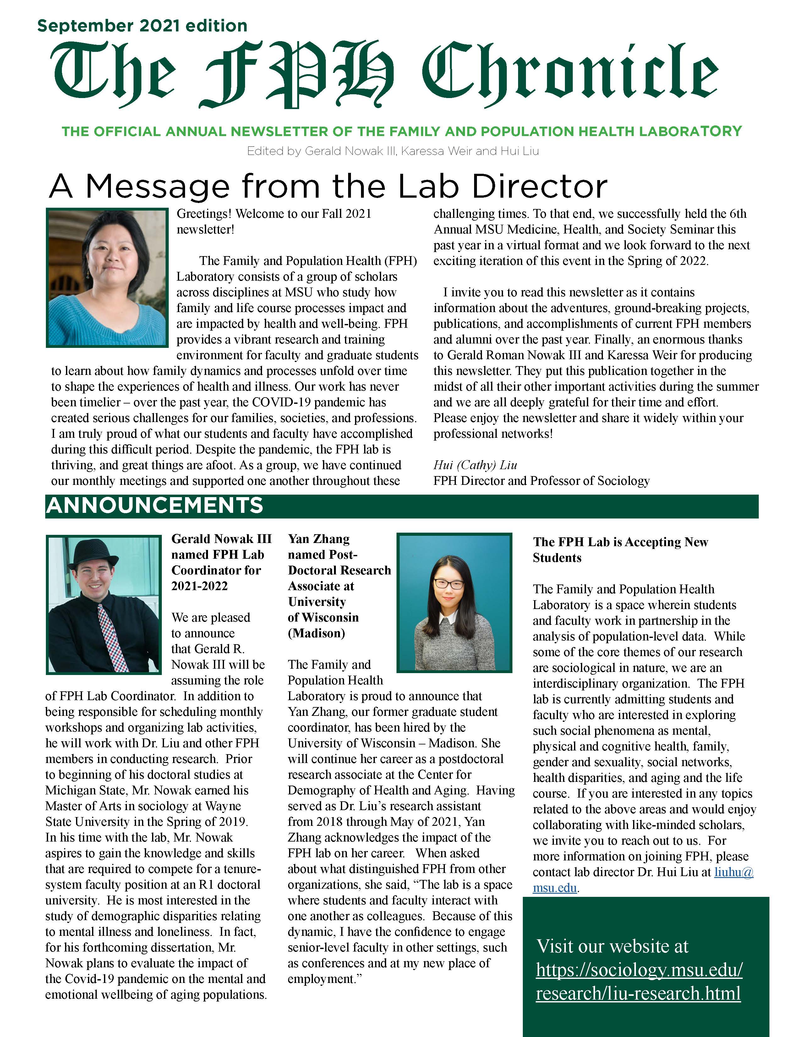 Extra! Extra! New newsletter released from the Family and Population Health Laboratory
